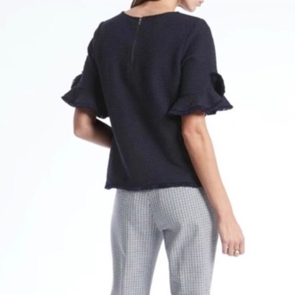 Banana Republic Tops - Banana Republic Navy Blue Knit Boucle Ruffle Sleeve Top S